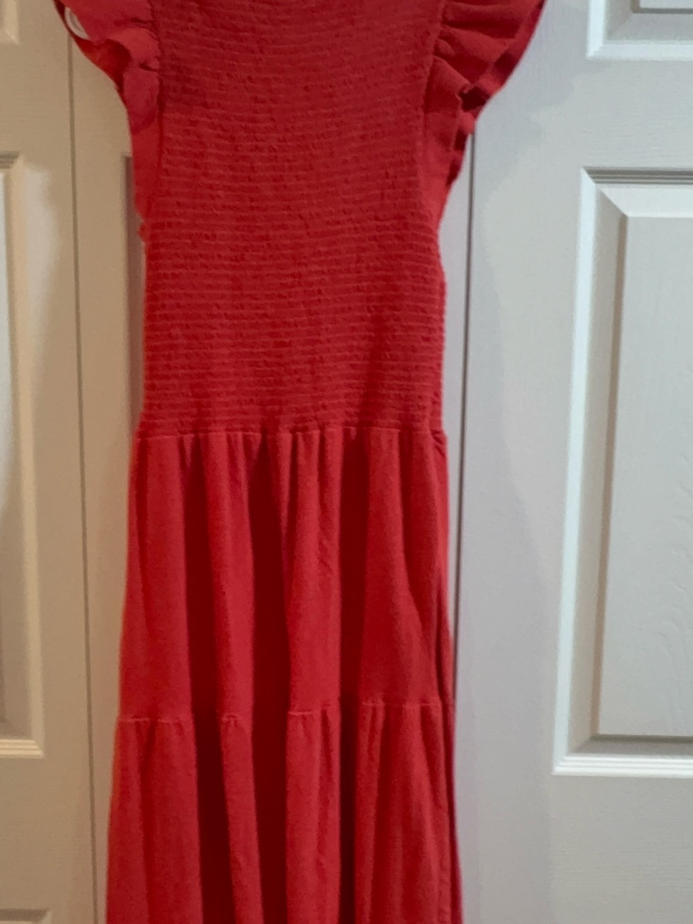 Lucky Brand Red Smocked Ruffle Strap Maxi Dress M pockets Boho Praire Cosstal - Picture 4 of 5